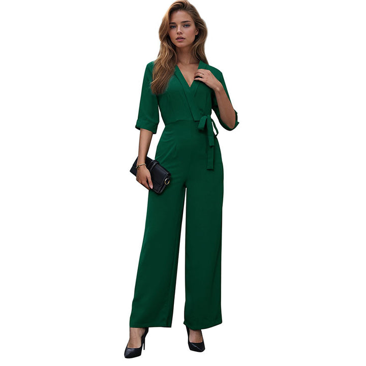 Damen Eleganter V‑Ausschnitt Jumpsuit mit Taillenband und Palazzo‑Bein Echoarchiv