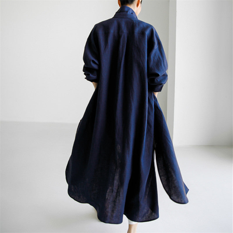 Damen Langes Leinen‑Hemdkleid mit kastiger Oversize‑Silhouette und Seitenschlitzen Echoarchiv