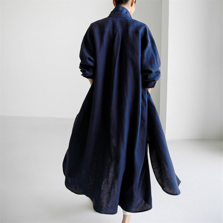 Damen Langes Leinen‑Hemdkleid mit kastiger Oversize‑Silhouette und Seitenschlitzen Echoarchiv