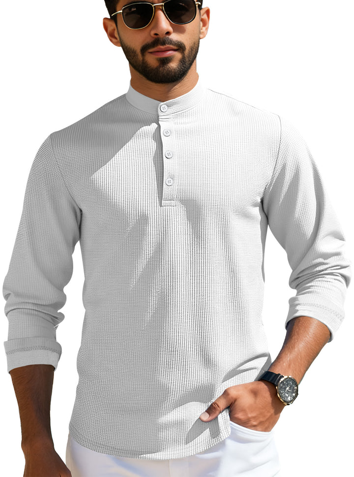 Herren nan strukturiertes Langarm-Henley mit Nehru-Kragen und Ton-in-Ton-Knopfleiste Echo Archiv