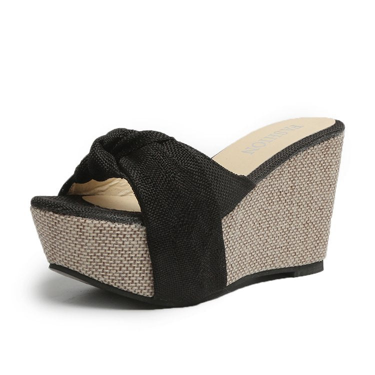 Damen nan Keil-Pantolette mit hohem Bast-Plateau und gedrehtem Textilriemen Echo Archiv