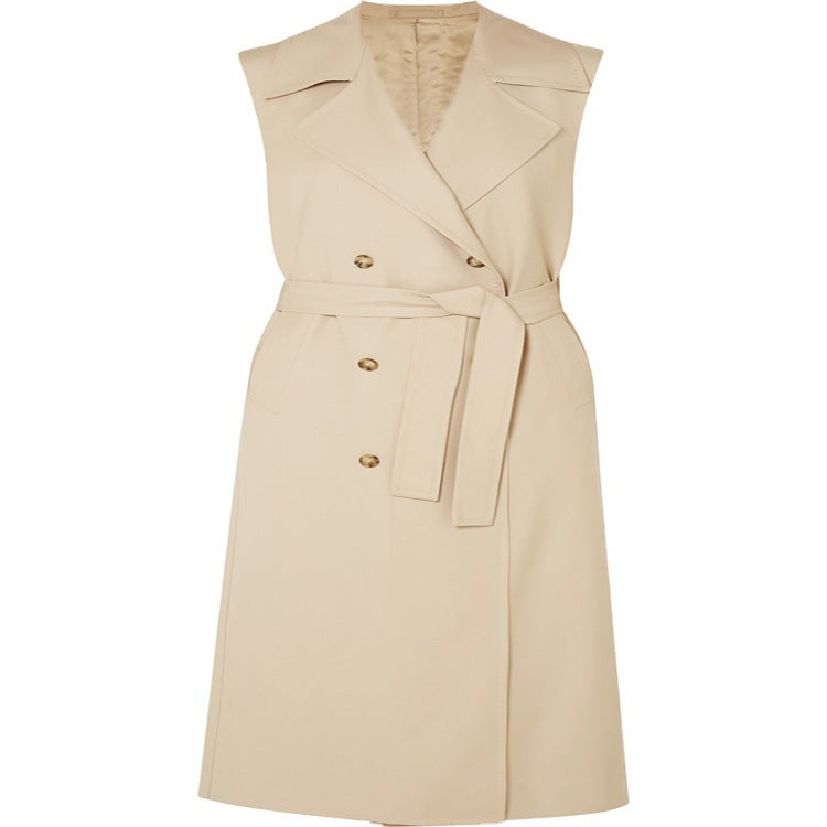 Damen ärmelloser Wickel-Trenchcoat aus Baumwollmix mit doppelreihiger Knopfleiste und Taillengürtel Echoarchiv