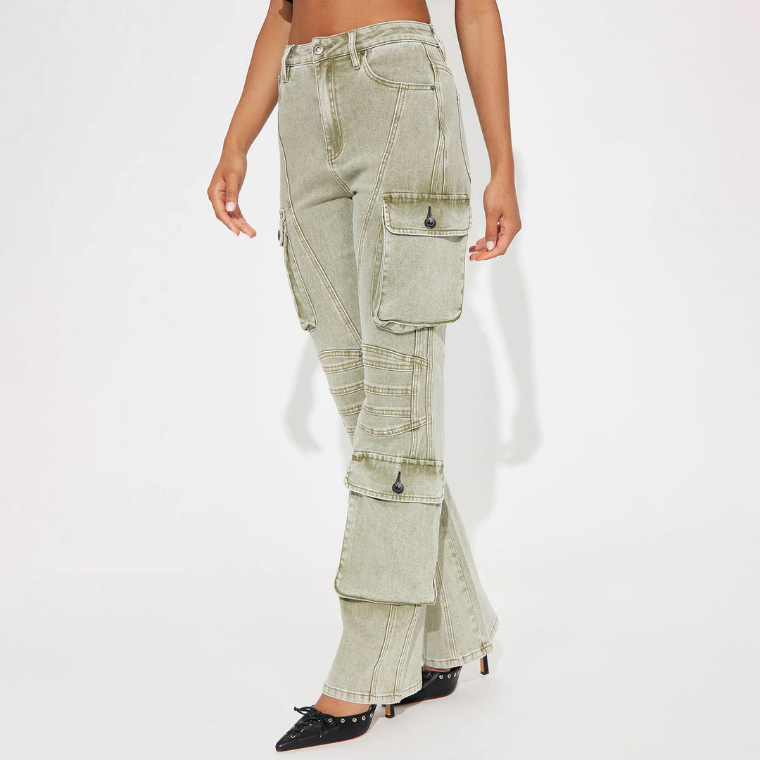 Damen High-Waist Cargo-Denimhose mit weitem Bein, Mehrfachtaschen und Used‑Details Echo Archiv