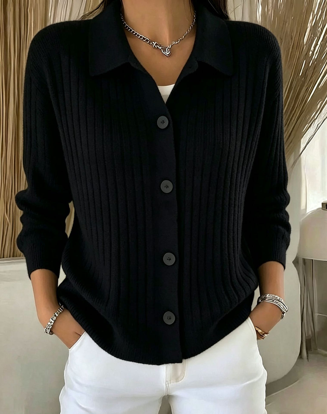Damen Feiner gerippter Knopf‑Cardigan mit Hemdkragen und kastiger Silhouette – Veloura