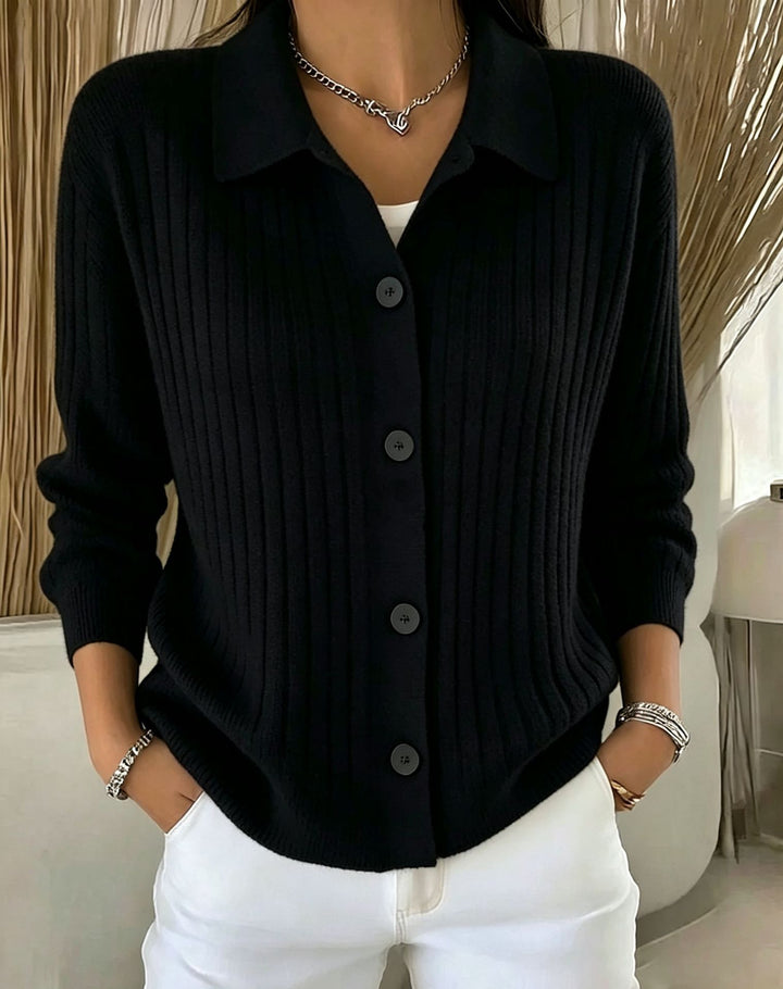 Damen Feiner gerippter Knopf‑Cardigan mit Hemdkragen und kastiger Silhouette – Veloura
