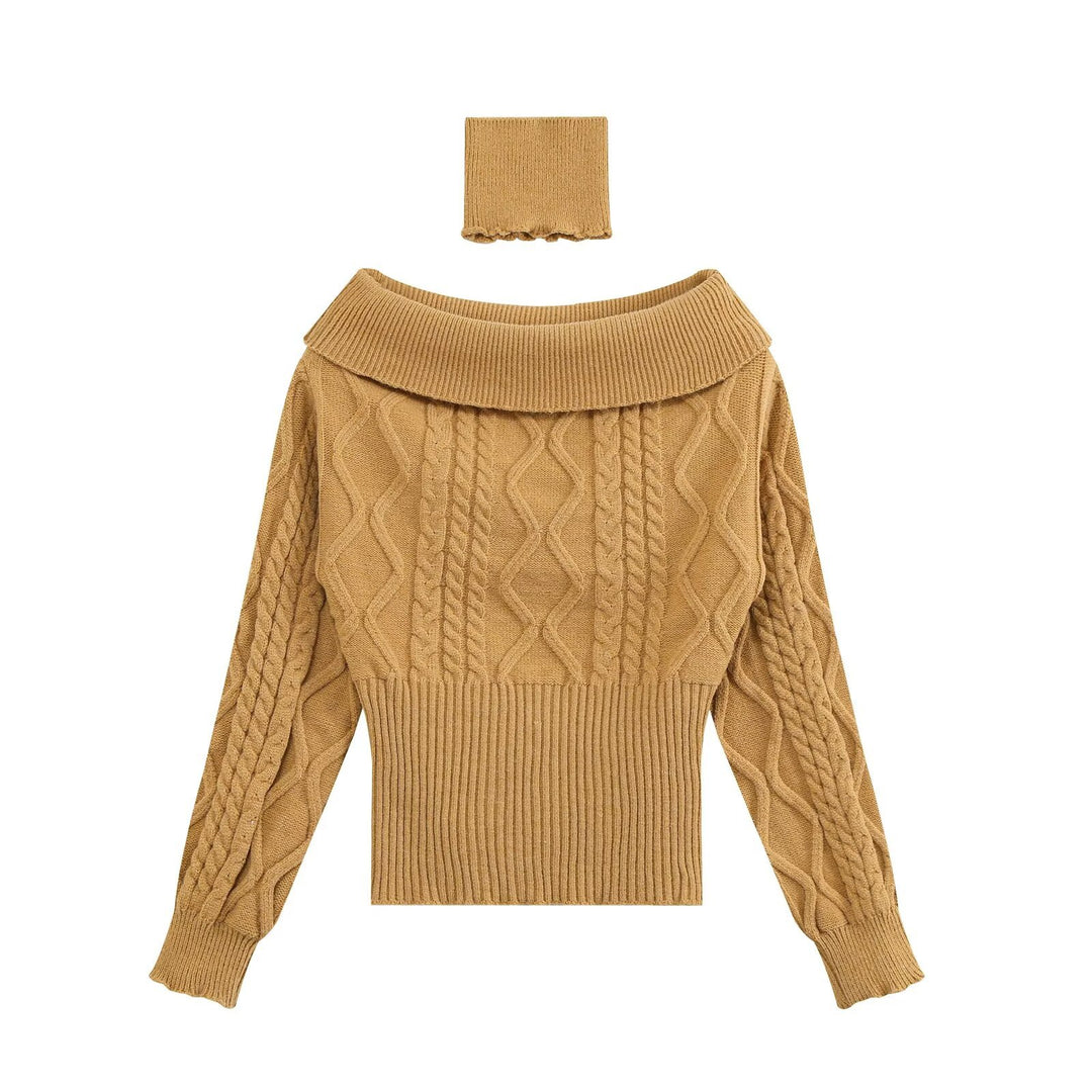 Damen Schulterfreier Zopfmuster-Pullover mit weitem Umschlagkragen Echo Archiv