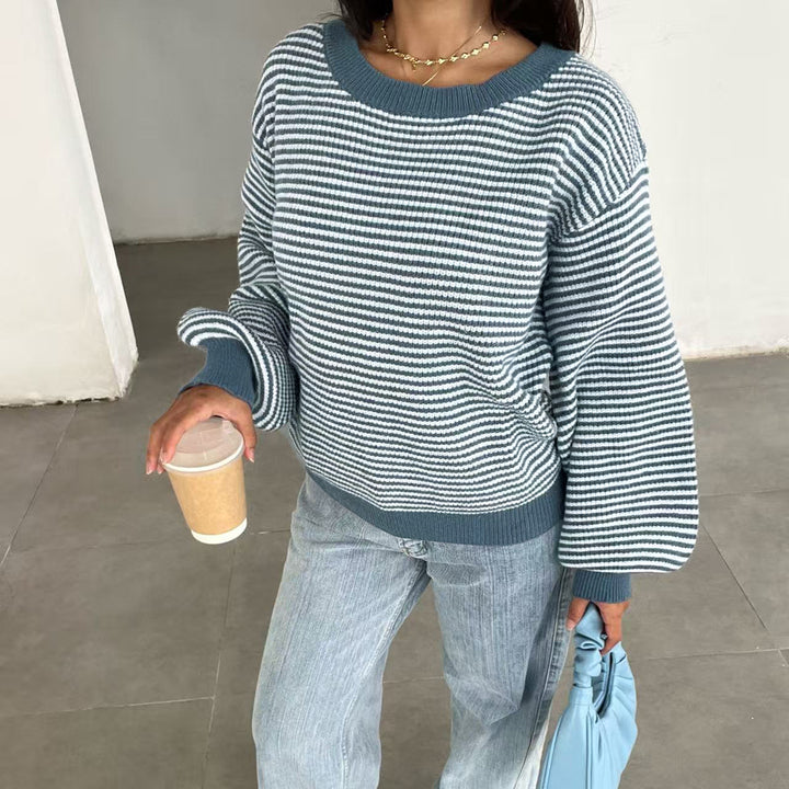 Damen Feinstrick-Pullover mit weitem U-Boot-Ausschnitt, ausgestellten Ärmeln und Intarsia-Blütenmotiv – Mavelle