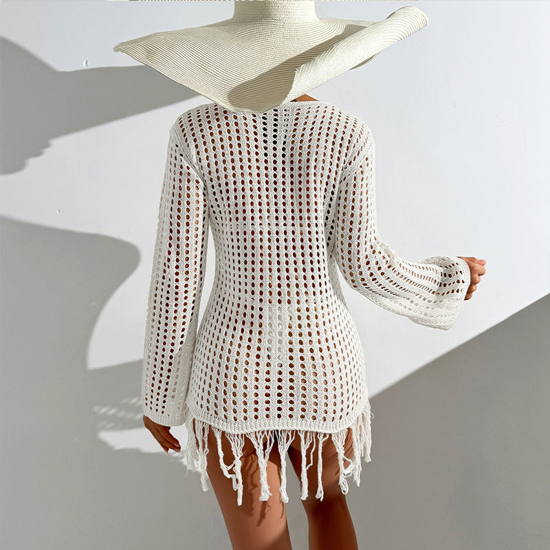 Damen Häkel-Strandüberwurf mit fransigem Saum und dekorativem Netzdesign Echo Archiv