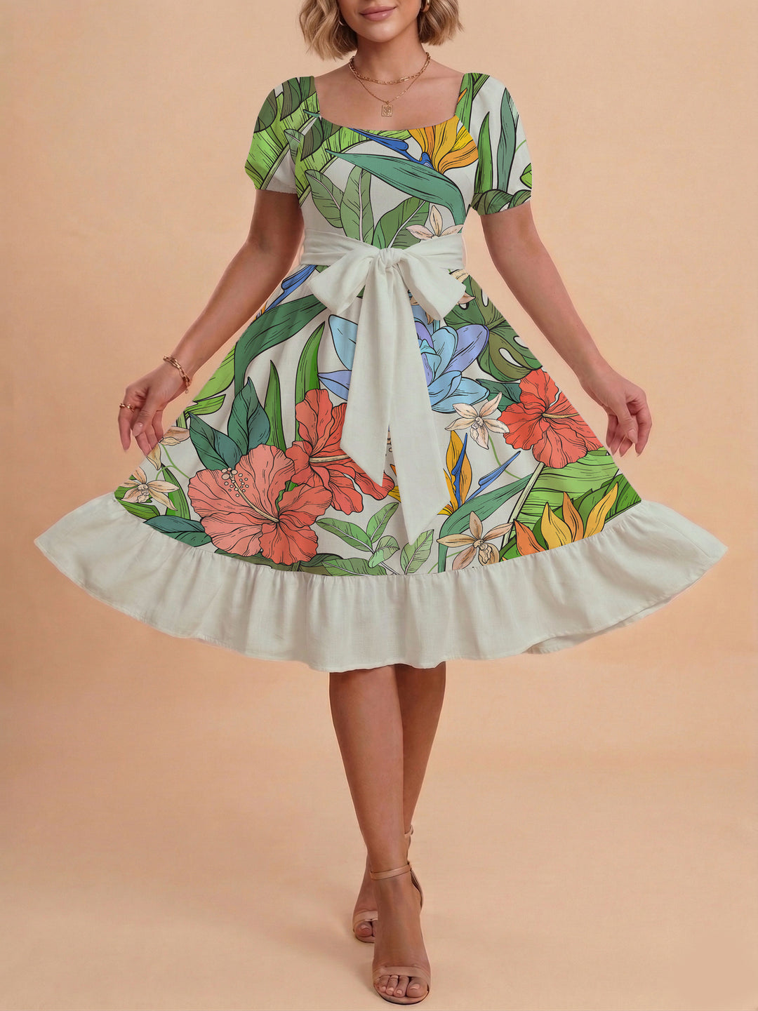 Damen A-Linien-Kleid mit floralen Motiven und taillierbarem Gürtel Echo Archiv