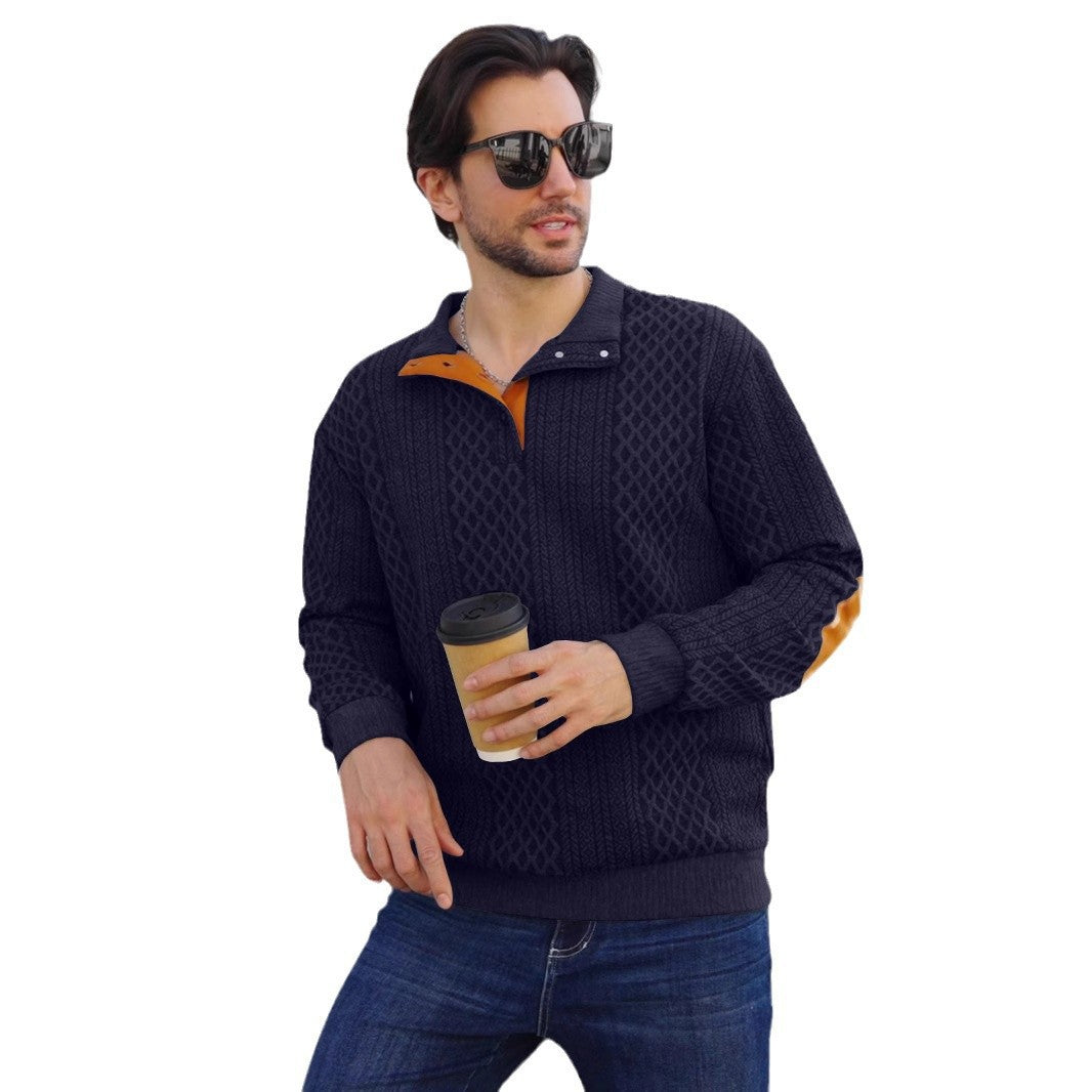 Herren nan strukturierter Henley-Pullover mit Stehkragen, Knopfleiste und Lederoptik-Ellbogenbesatz Echo Archiv