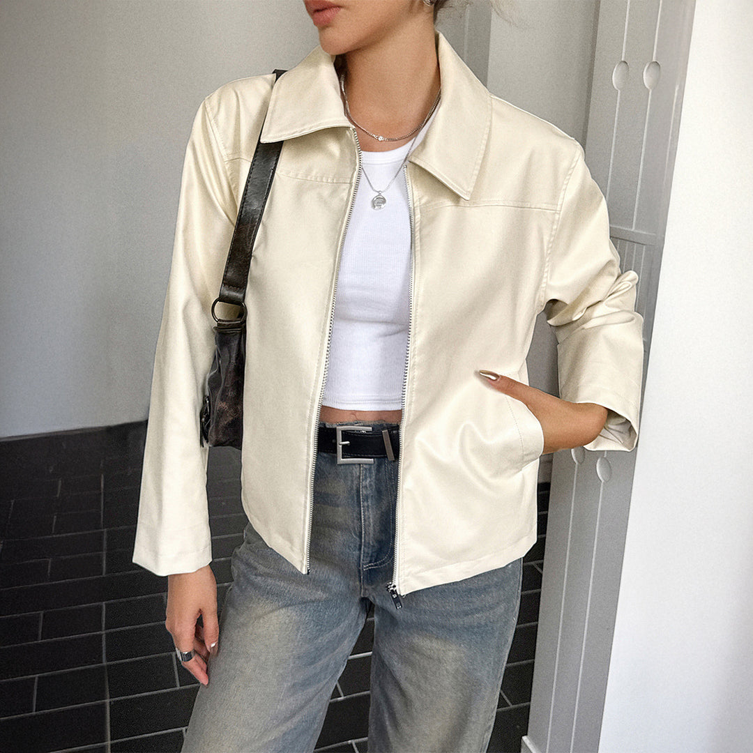 Damen elegante Kunstlederjacke mit Reißverschluss, Hemdkragen und Eingrifftaschen – Célinea