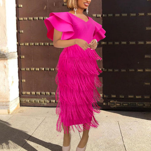 Damen Fransen Maxikleid mit voluminösen Rüschensäumen Echo Archiv