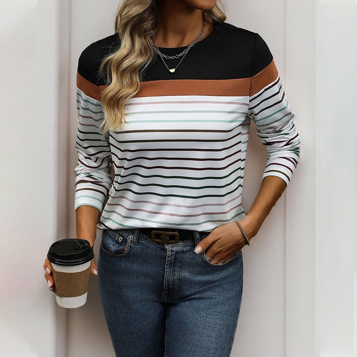 Damen Langärmliges gestreiftes Shirt mit Colorblock‑Schulter und Rundhalsausschnitt Echoarchiv