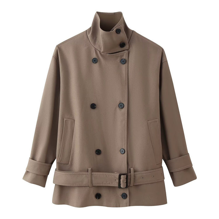 Damen Kurzer doppeltreihiger Trenchcoat mit Stehkragen und Taillengürtel Echo Archiv