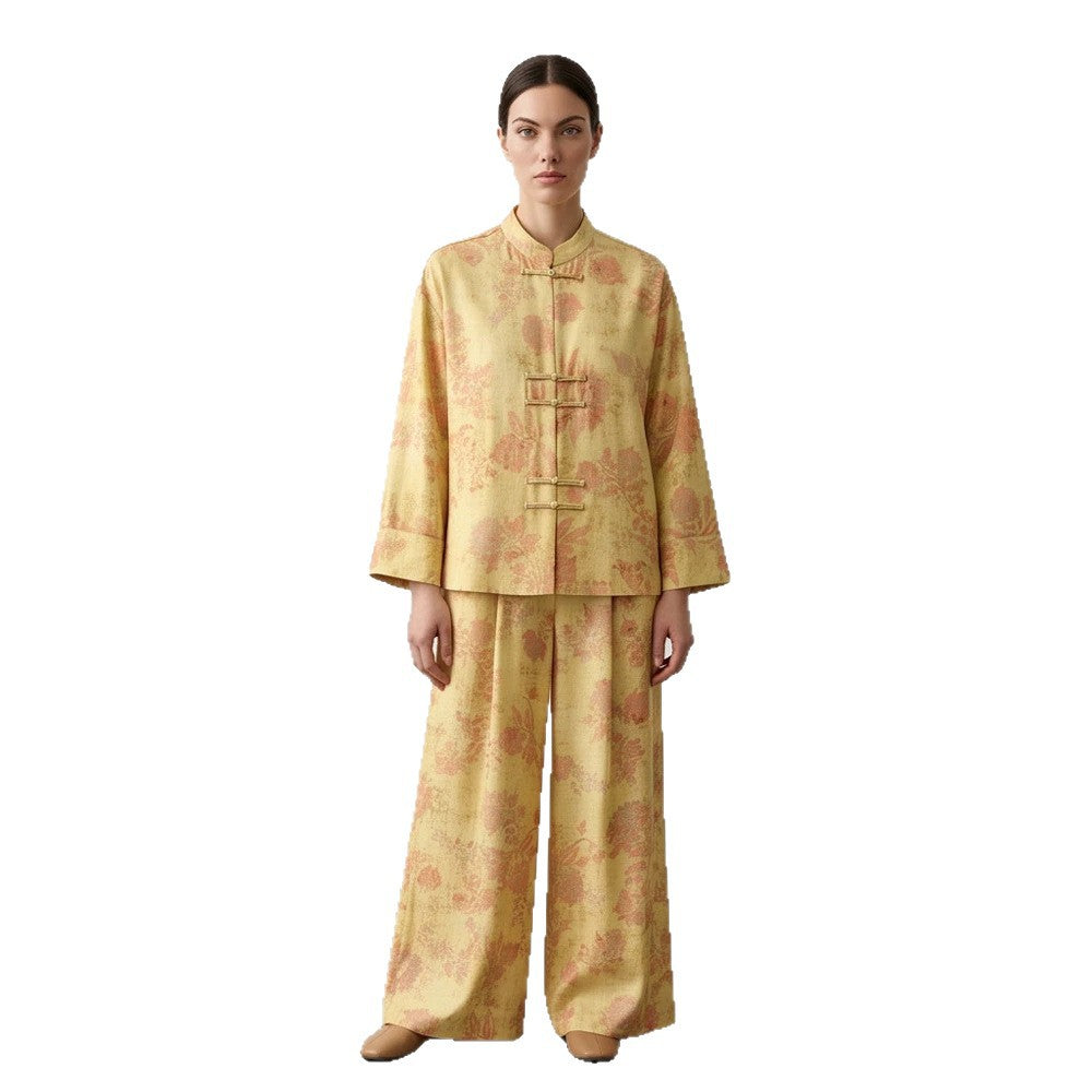 Damen Zweiteiliges Jacquard-Set mit Mandarin-Kragen und weit geschnittener Hose Echoarchiv