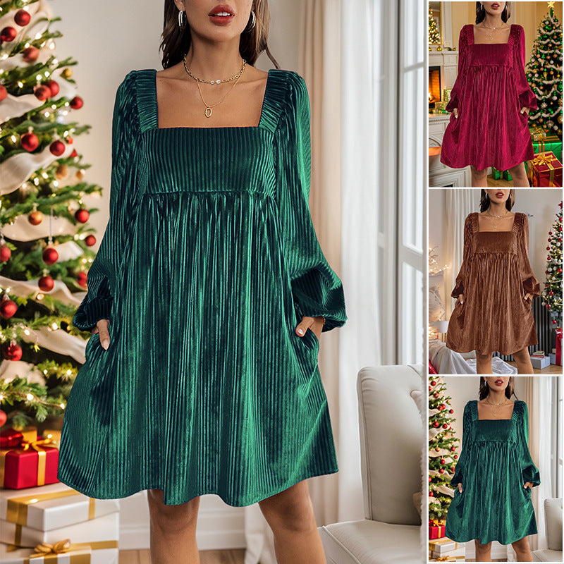 Damen Samtiges Plissee-Babydollkleid mit quadratischem Ausschnitt, Ballonärmeln und Eingrifftaschen Echoarchiv