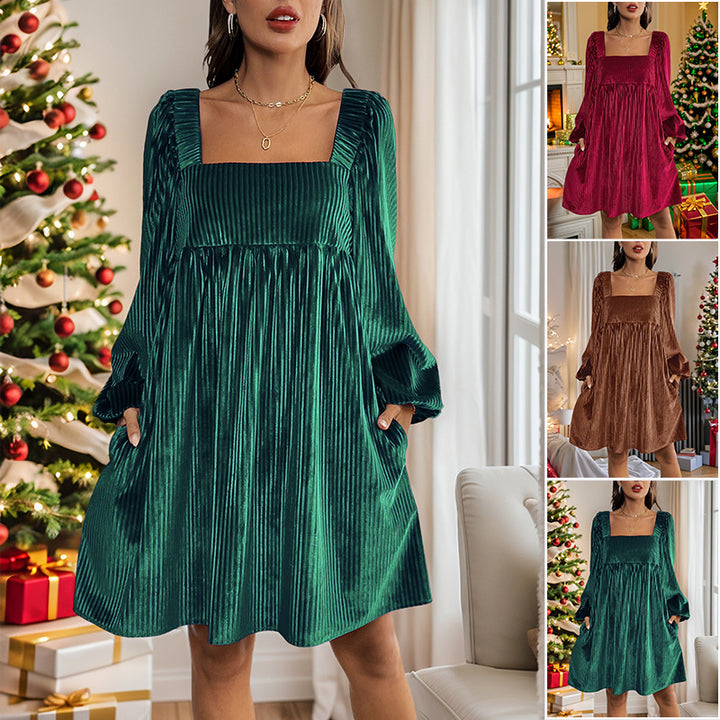 Damen Samtiges Plissee-Babydollkleid mit quadratischem Ausschnitt, Ballonärmeln und Eingrifftaschen Echoarchiv