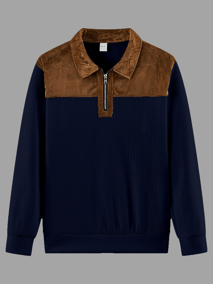 Unisex nan feinstrukturierter Strickpullover mit halbem Reißverschlusskragen und Samtbesatz Echo Archiv