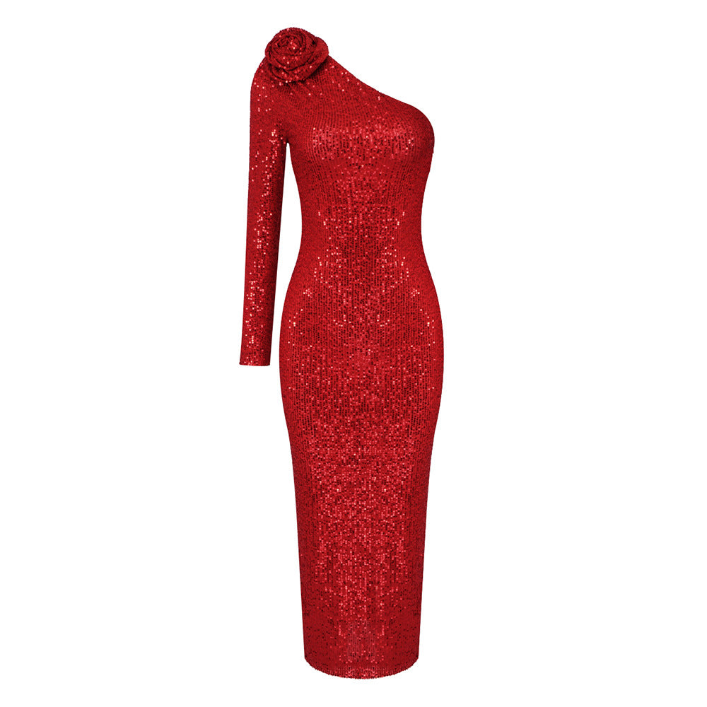 Damen Glamouröses Abendkleid mit einseitigem Schulterdesign und Paillettenbesatz Echo Archiv