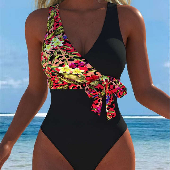 Damen einteiliger Badeanzug mit floralem Wickeldesign und modischem Schwarz Echo Archiv