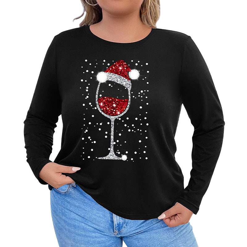 Damen Langarmshirt mit funkelndem Weihnachts-Weinglas-Print Echoarchiv