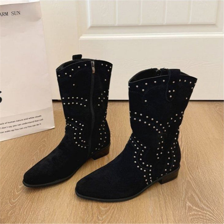 Damen Western-Ankleboots aus Veloursleder mit Nietenbesatz und seitlichem Reißverschluss – Varelle