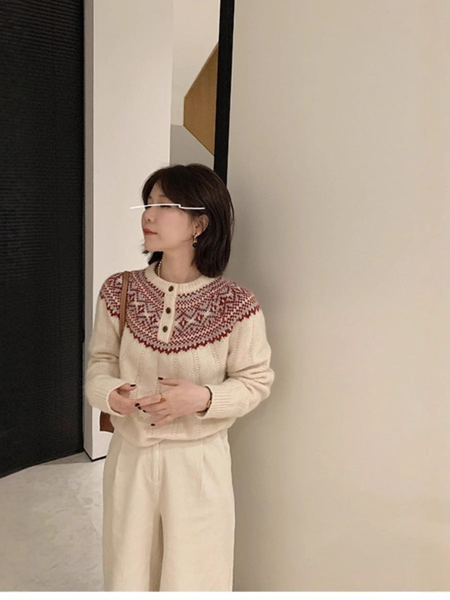 Damen Norwegermuster-Rundpassepullover mit Knopfleiste und Mohair‑Look Echoarchiv