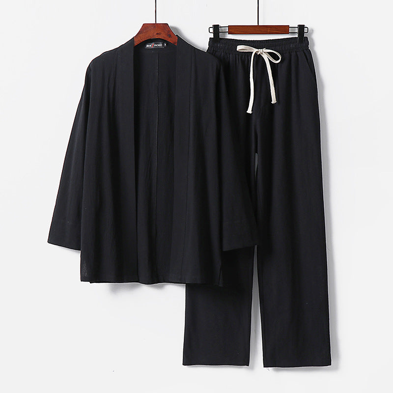 Herren Lockeres Kimono-Loungewear-Set aus leichter Baumwollmischung mit elastischer Kordelhose Echoarchiv