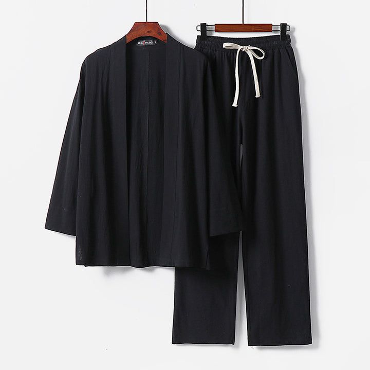 Herren Lockeres Kimono-Loungewear-Set aus leichter Baumwollmischung mit elastischer Kordelhose Echoarchiv