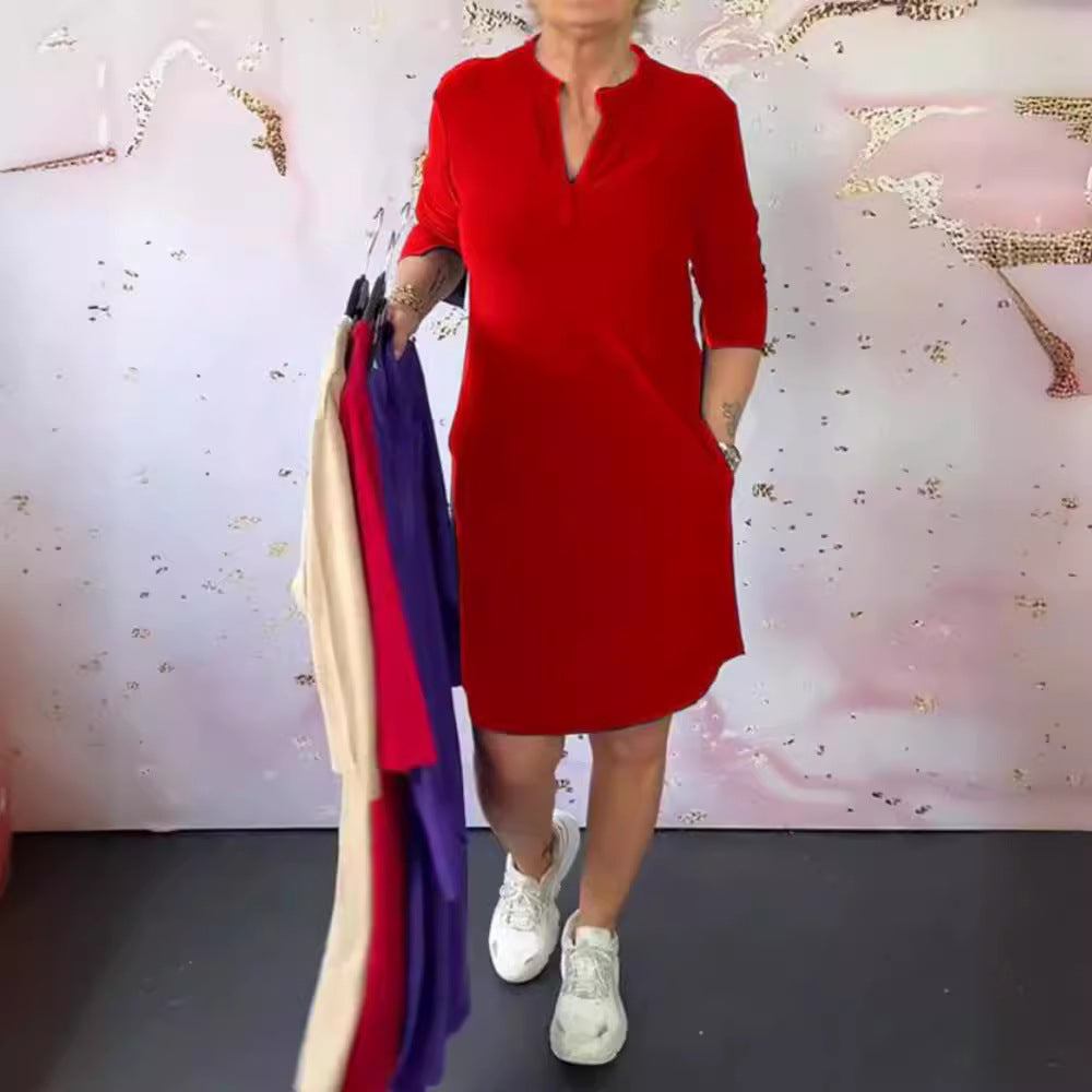 Damen nan legeres knielanges Shiftkleid aus elastischem Jersey mit Stehkragen und V-Ausschnitt Echo Archiv