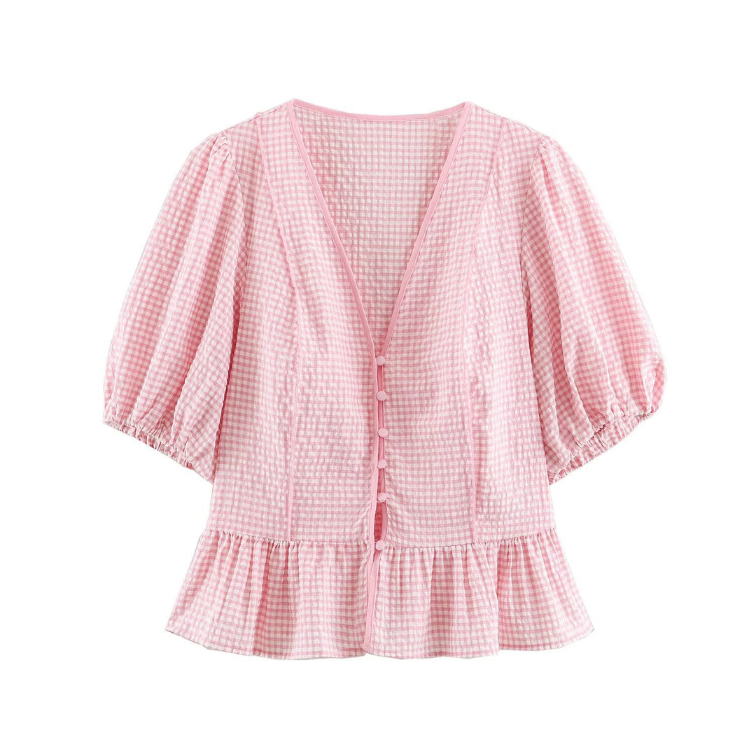 Damen Karierte V‑Neck‑Bluse mit Puffärmeln und Volantsaum Echo Archiv