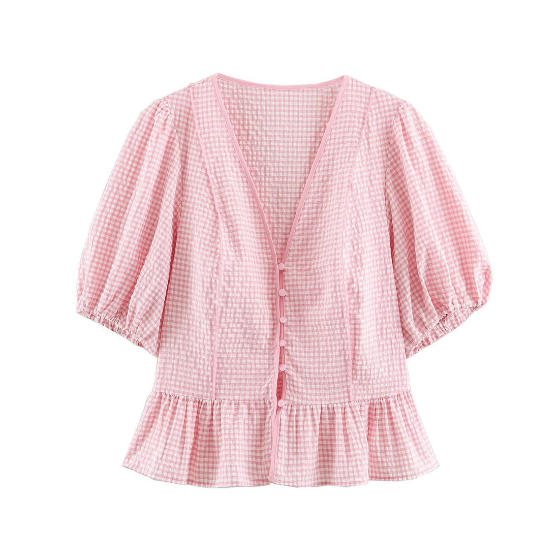 Damen Karierte V‑Neck‑Bluse mit Puffärmeln und Volantsaum Echo Archiv