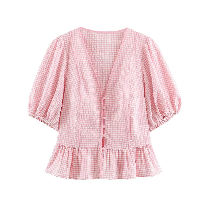 Damen Karierte V‑Neck‑Bluse mit Puffärmeln und Volantsaum Echo Archiv