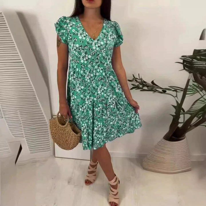 Damen nan V-Ausschnitt Kleid mit geraffter Taillennaht, kurzen Volantärmeln und stufigem Rock Echo Archiv