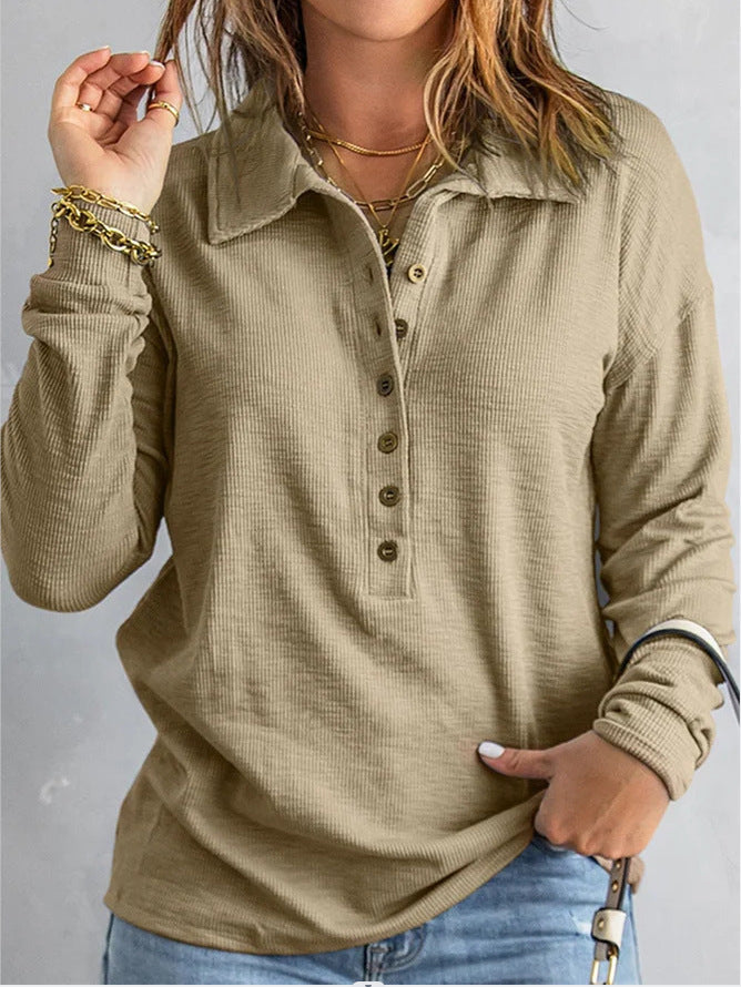 Damen Langarm-Waffelshirt mit Hemdkragen und Knopfleiste Echoarchiv