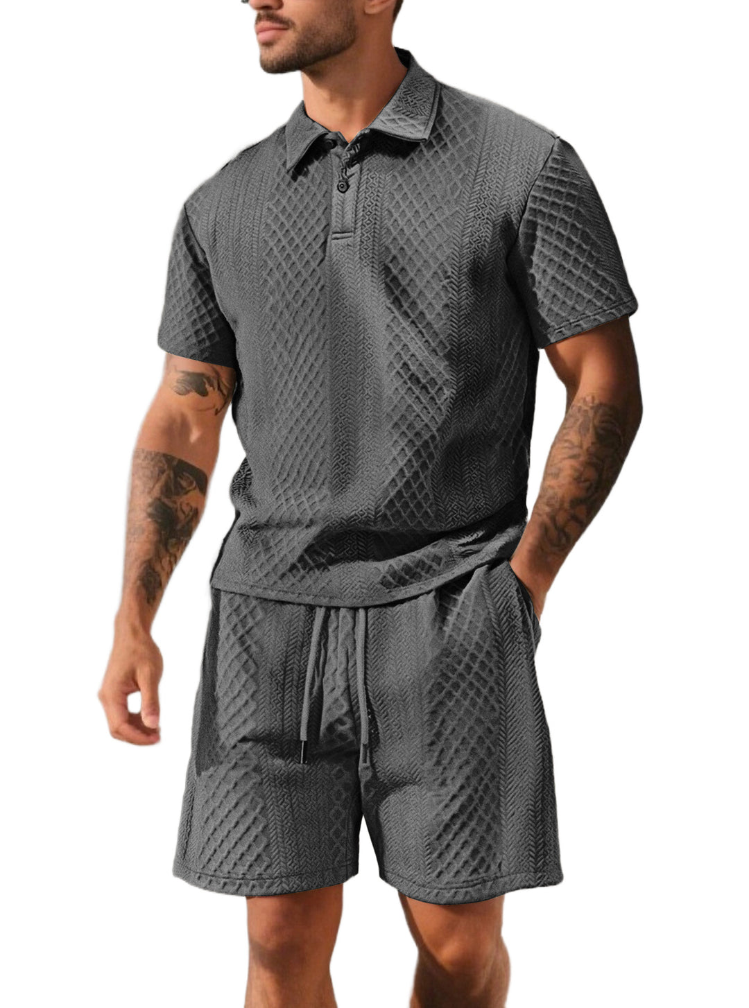 Herren nan strukturiertes Poloshirt- und Bermudashorts-Set aus gesteppter Baumwollmischung Echo Archiv