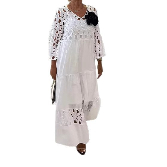 Damen nan Maxikleid mit Ajour-Lochstickerei, V-Ausschnitt, weiten Glockenärmeln und Stufensaum Echo Archiv