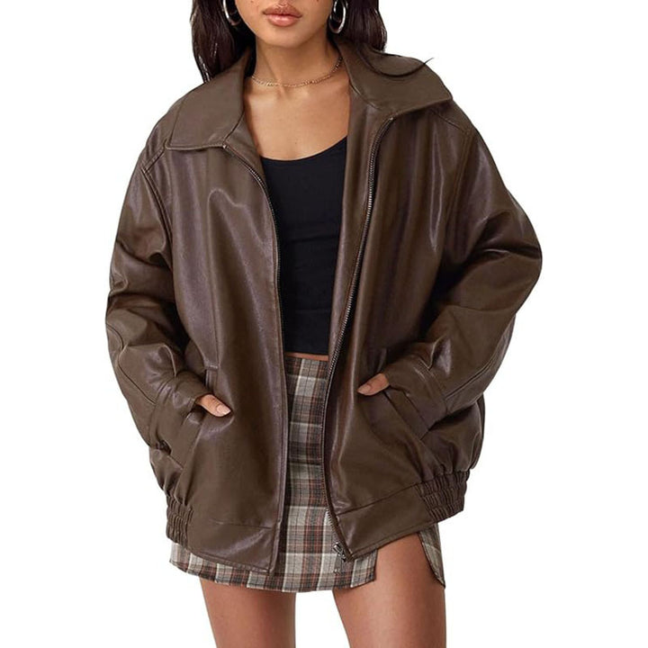 Damen Oversize Kunstleder Blouson mit Reißverschluss und elastischem Saum – Célinea