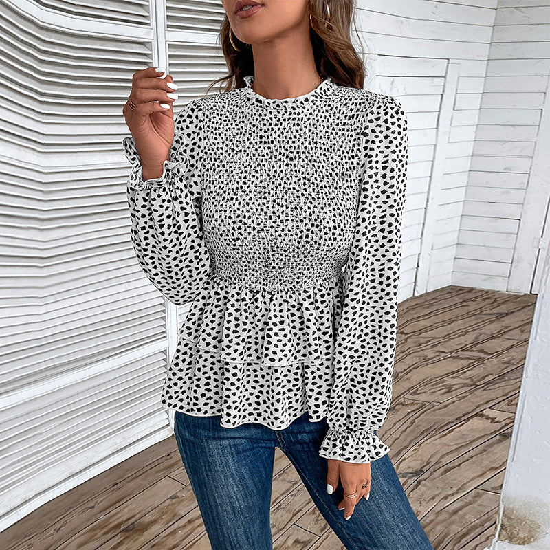 Damen Gesmoktes Chiffon-Blusenshirt mit Stufen-Peplum und Rüschenärmeln Echoarchiv