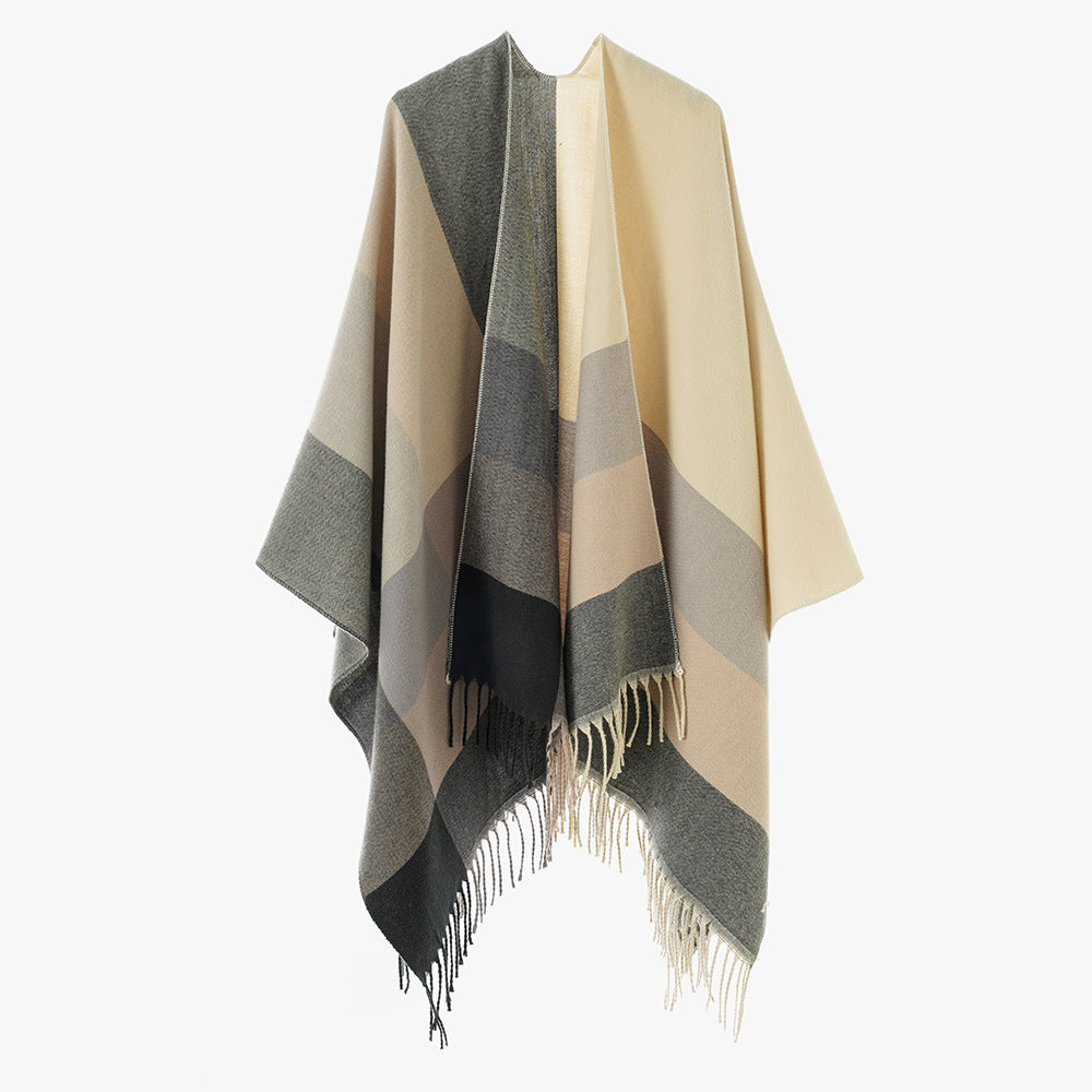 Damen Farbblock-Poncho aus Wollmix mit Fransensaum und asymmetrischem Schnitt – Avérine