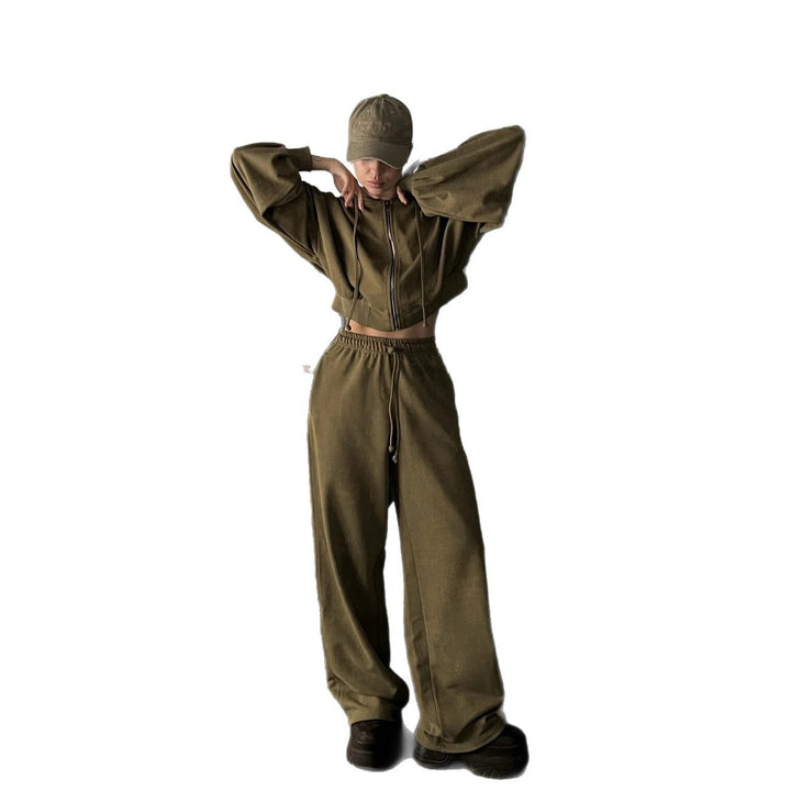 Damen kurzes Kapuzenzipper-Lounge-Set mit oversized Ärmeln und weitem Jogginghose-Schnitt – Auréline