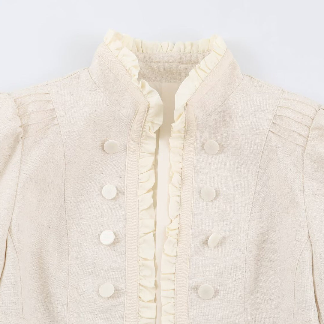 Damen Gekürzte taillierte Jacke mit Stehkragen Rüschenblende und Zierknöpfen Echo Archiv
