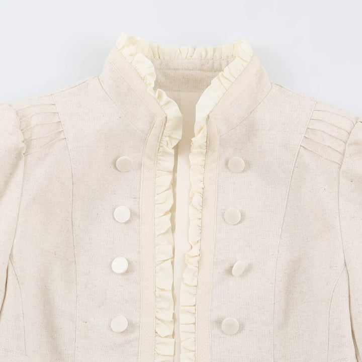 Damen Gekürzte taillierte Jacke mit Stehkragen Rüschenblende und Zierknöpfen Echo Archiv