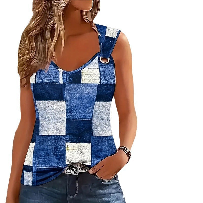Damen nan ärmelloses Patchwork-Top mit D-Ring-Trägern und leicht asymmetrischem Saum Echo Archiv