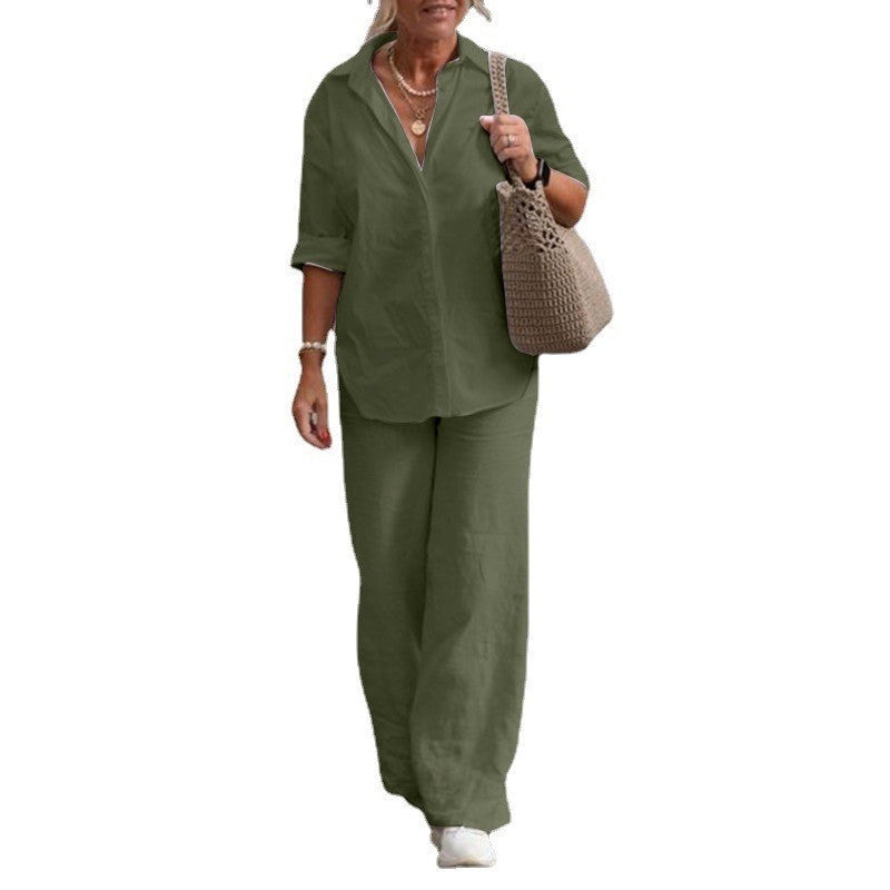 Damen Leichtes Leinen-Loungewear-Set mit offenem Hemdkragen und weiter Palazzohose Echoarchiv