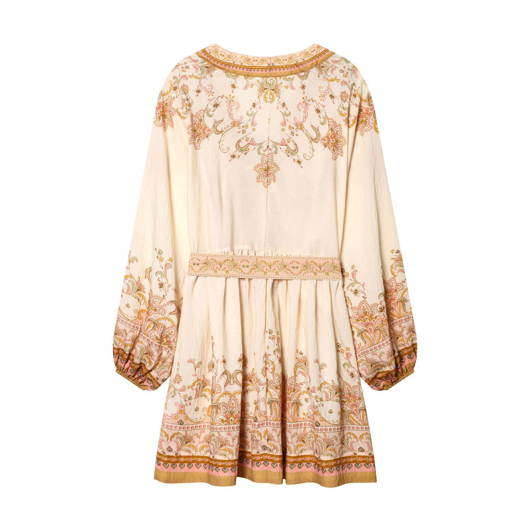 Damen besticktes Boho-Minikleid mit tiefem V-Ausschnitt, durchgehender Knopfleiste, taillierendem Bindegürtel und ballonärmeln – Élara