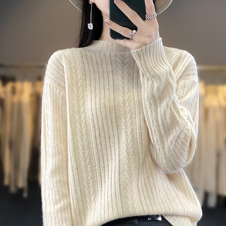 Damen Kaschmirähnlicher Feinstrick-Mockneckpullover mit Ajour‑Zopfmuster und lässiger Oversize‑Passform Echoarchiv