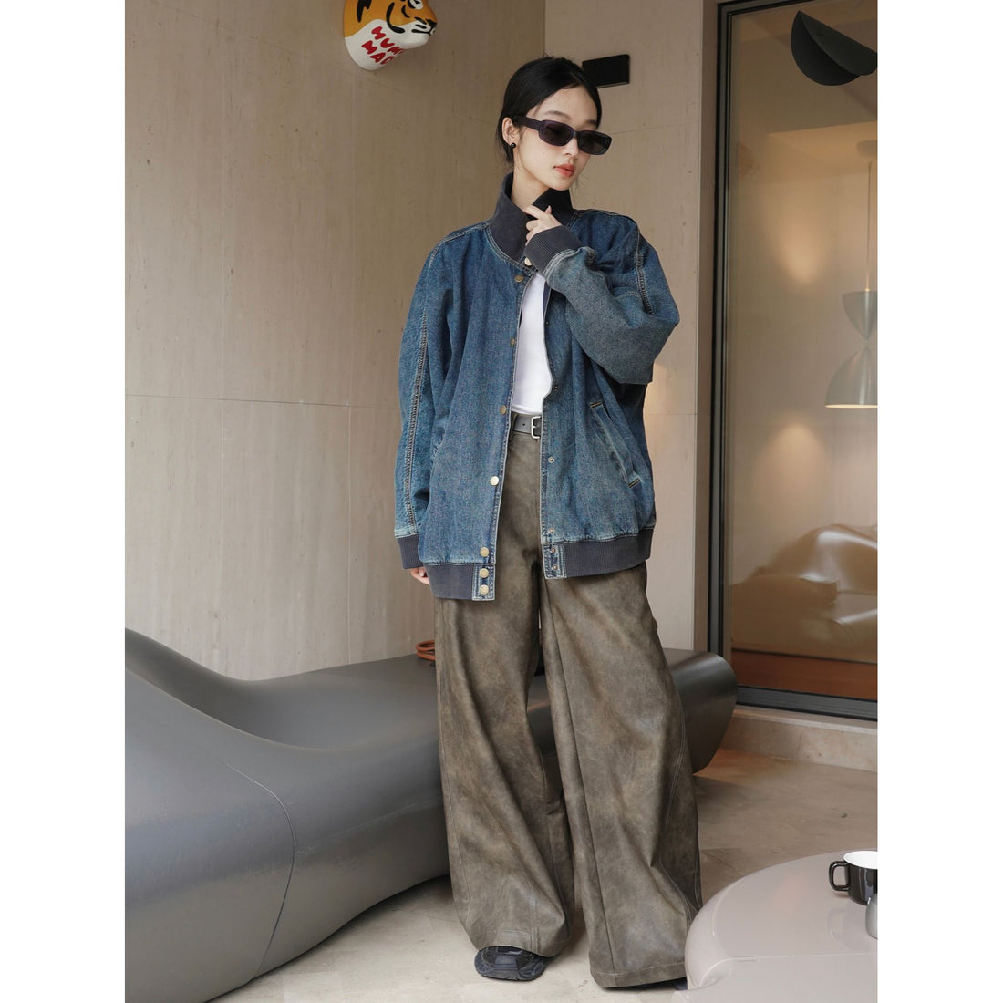 Damen Oversized Jeans-Bomberjacke mit Rippkragen und Druckknopffront Echoarchiv