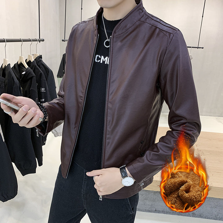 Herren Modische Kunstlederjacke mit Stehkragen und Reißverschlusstaschen Echo Archiv