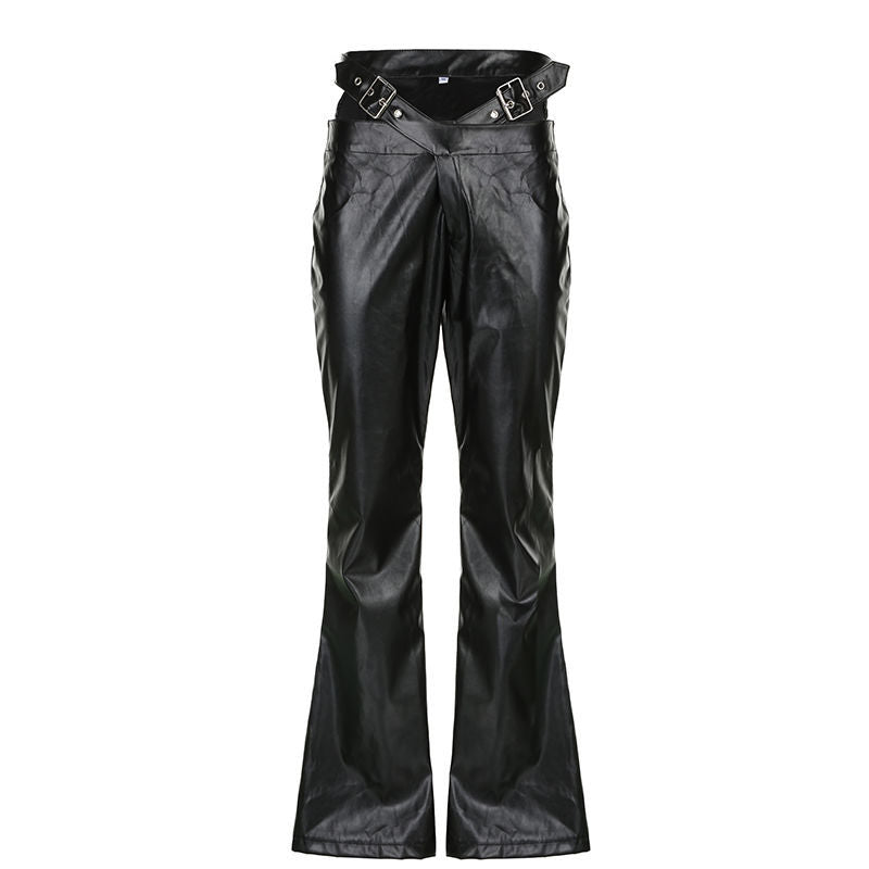 Damen Kunstleder Flared-Hose mit verstellbarem Gürtel Echo Archiv